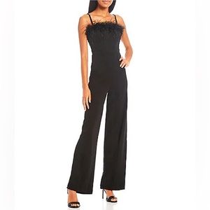 ALLISON & KELLY | Square Neck Feather Trim Jumpsuit, Black, Large